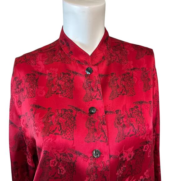 Vintage Chico's Asian Design Silk Button Down Shirt Red & Black sz 2= L - Picture 4 of 8